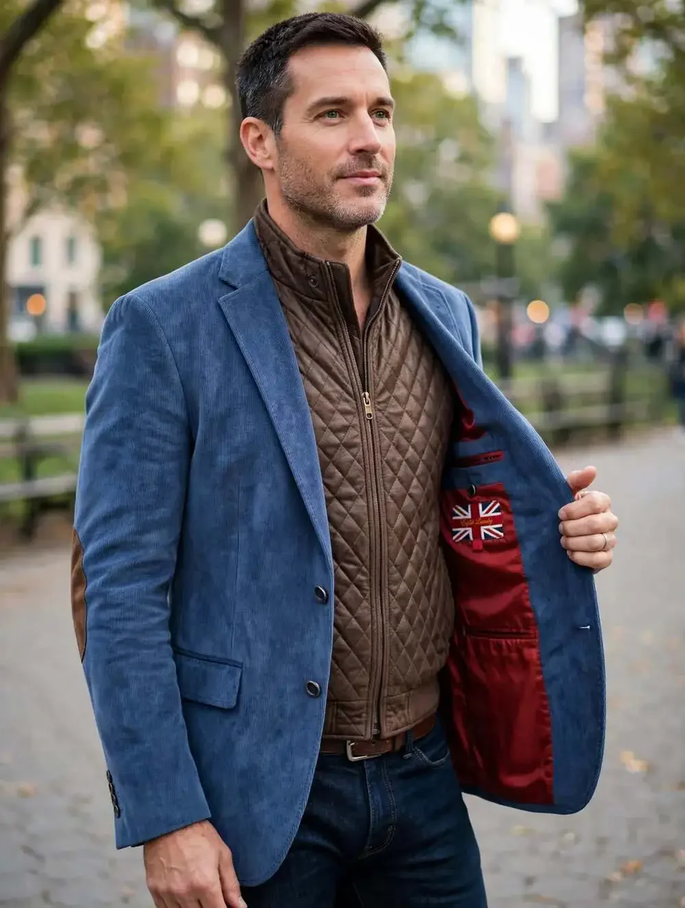 English Laundry Blazer M 42R Blue Corduroy Elbow Patches Quilted Vest Front
